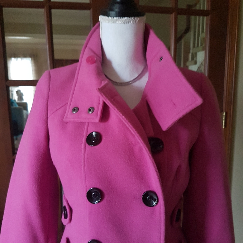 Fuchsia Pink Double Breasted Pea Coat with Black Buttons from London - Picture 10 of 17